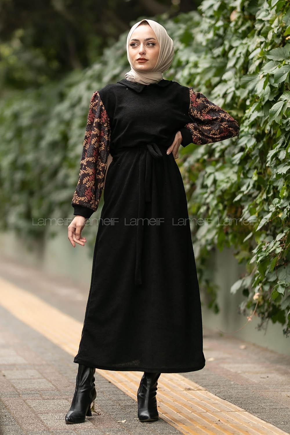 Modalamelif Hakim Yaka Kolları Dal Desenli Süet Elbise Siyah