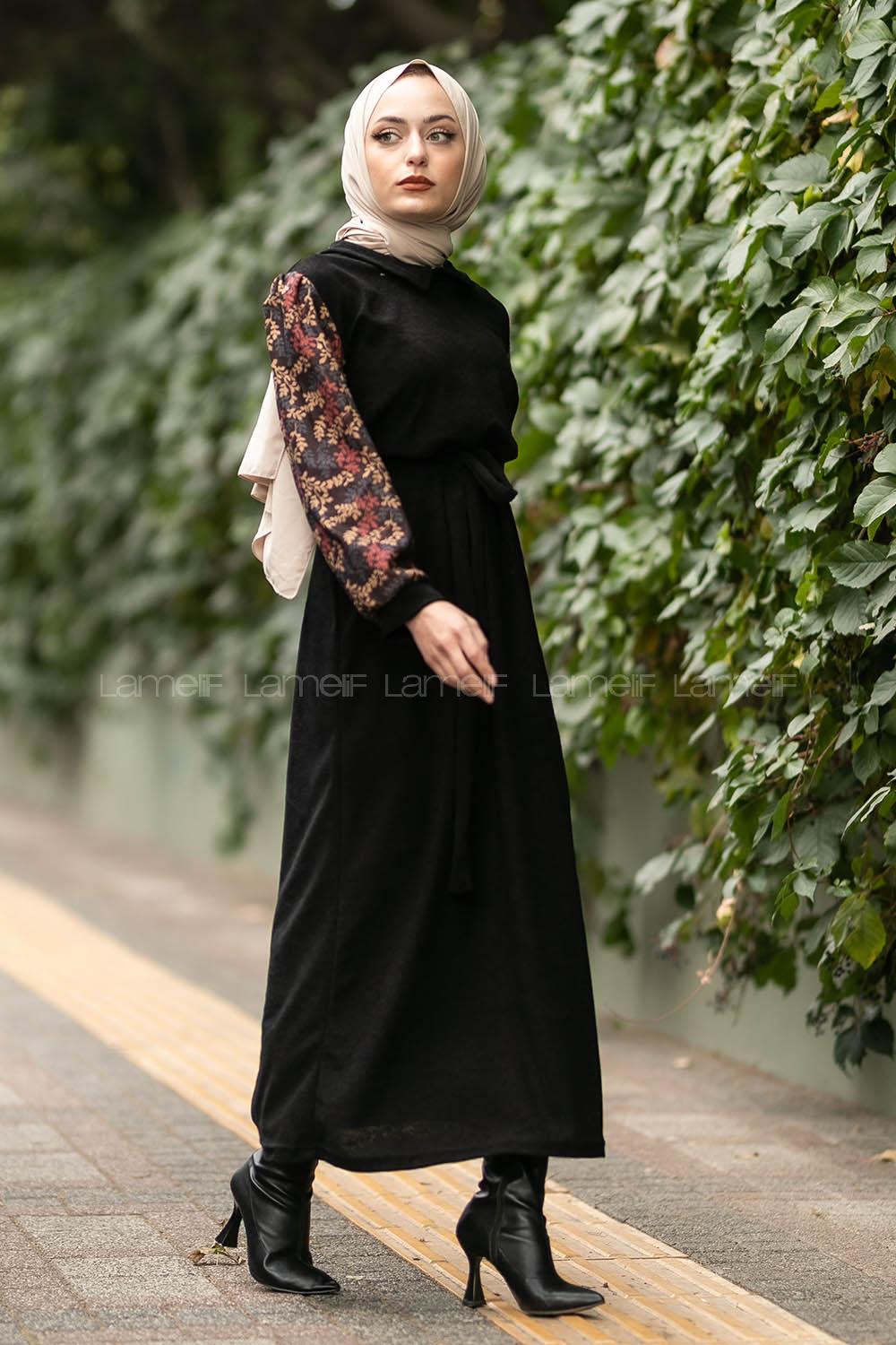 Modalamelif Hakim Yaka Kolları Dal Desenli Süet Elbise Siyah