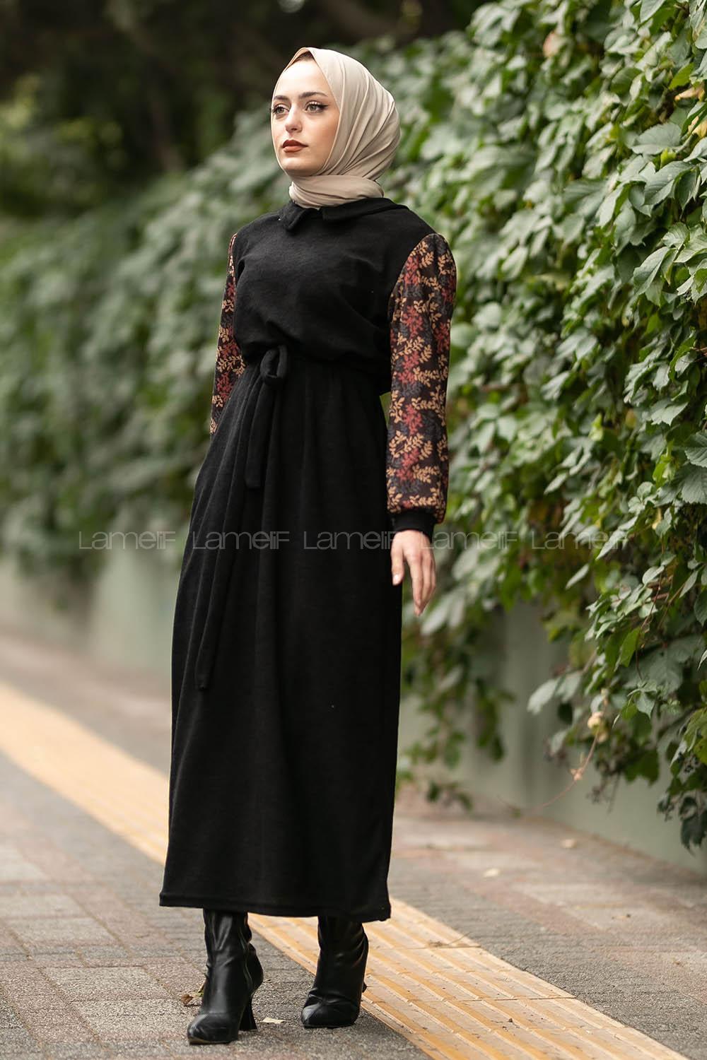 Modalamelif Hakim Yaka Kolları Dal Desenli Süet Elbise Siyah