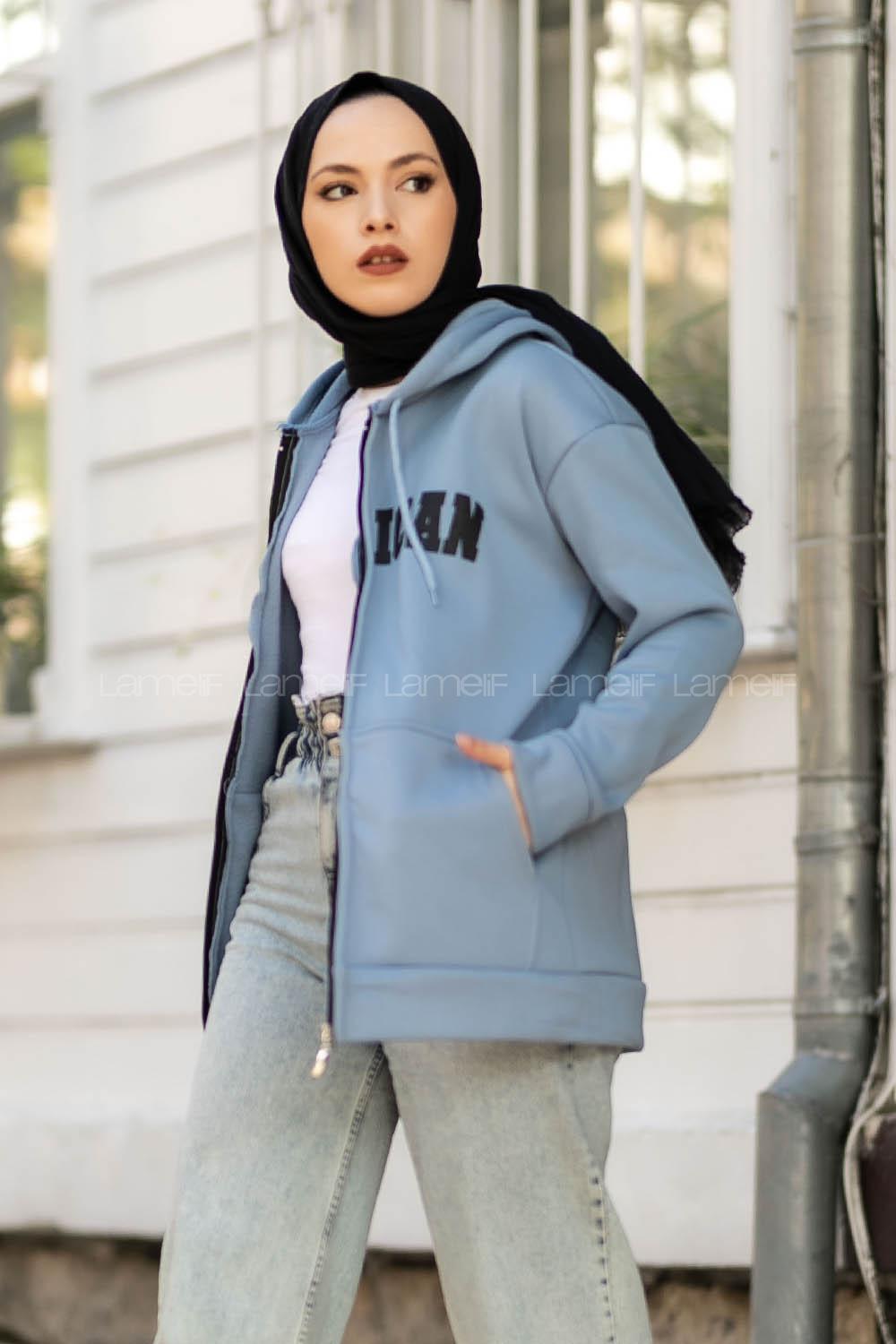 Modalamelif Kapüşon Detaylı Fermuarlı Baskılı Hırka Mavi