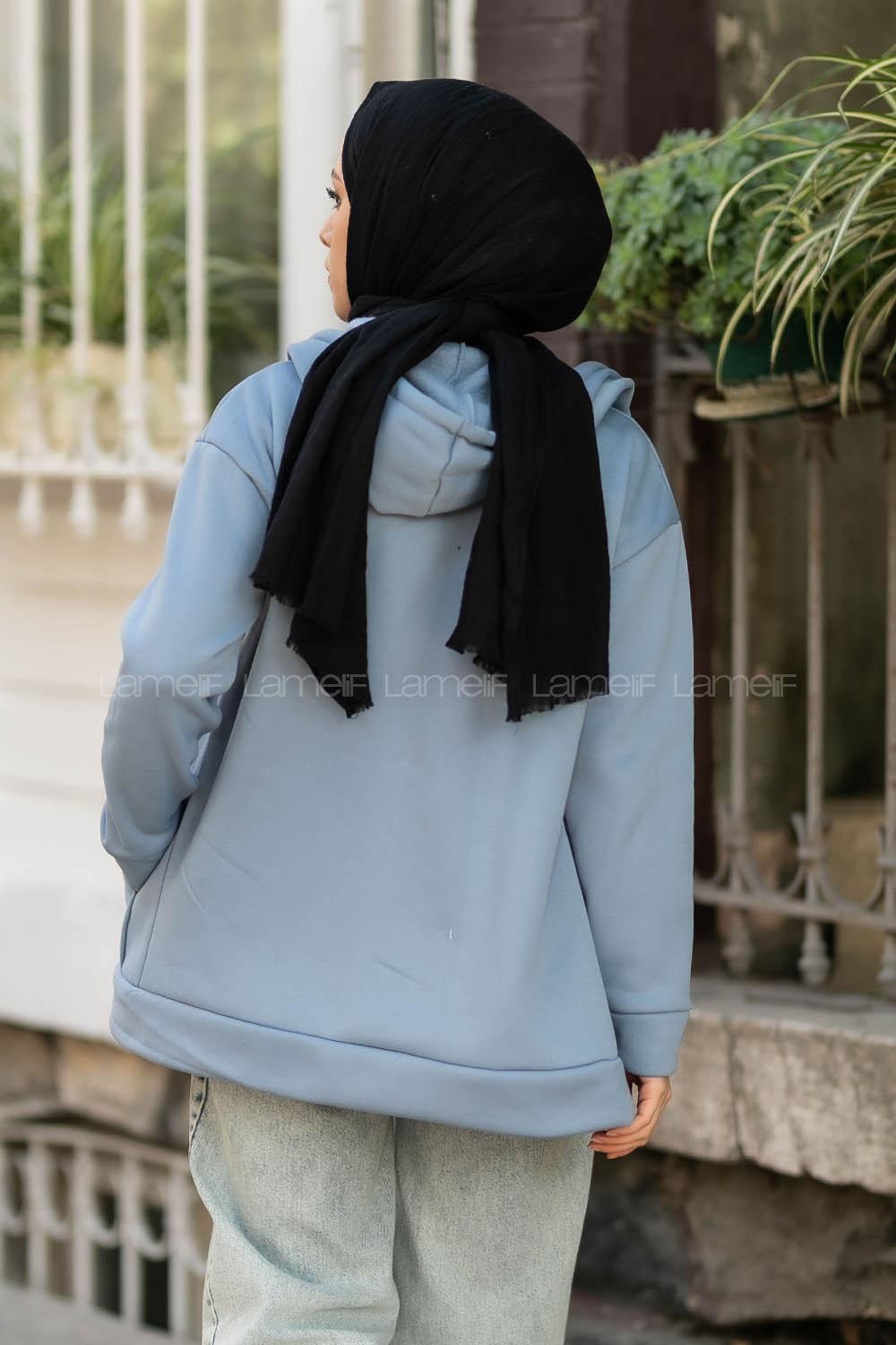 Modalamelif Kapüşon Detaylı Fermuarlı Baskılı Hırka Mavi