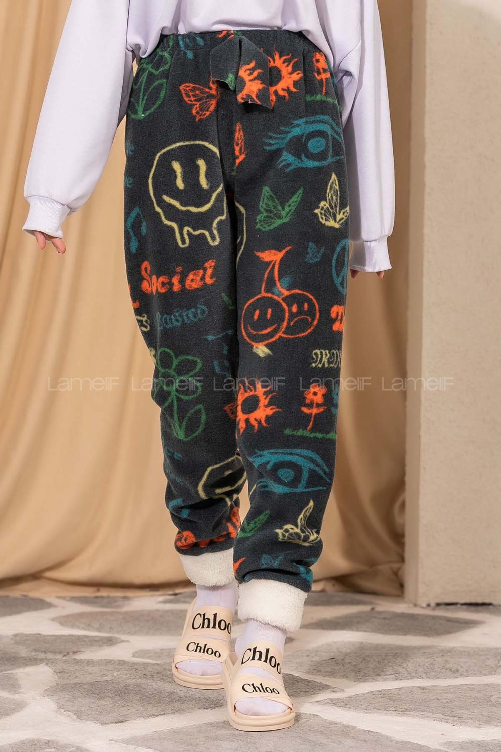 Modalamelif Emoji Desenli Paçası Yumoş Detaylı Pijama Füme