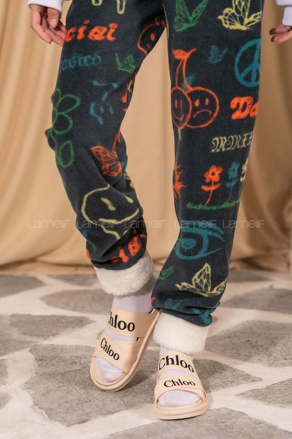 Modalamelif Emoji Desenli Paçası Yumoş Detaylı Pijama Füme