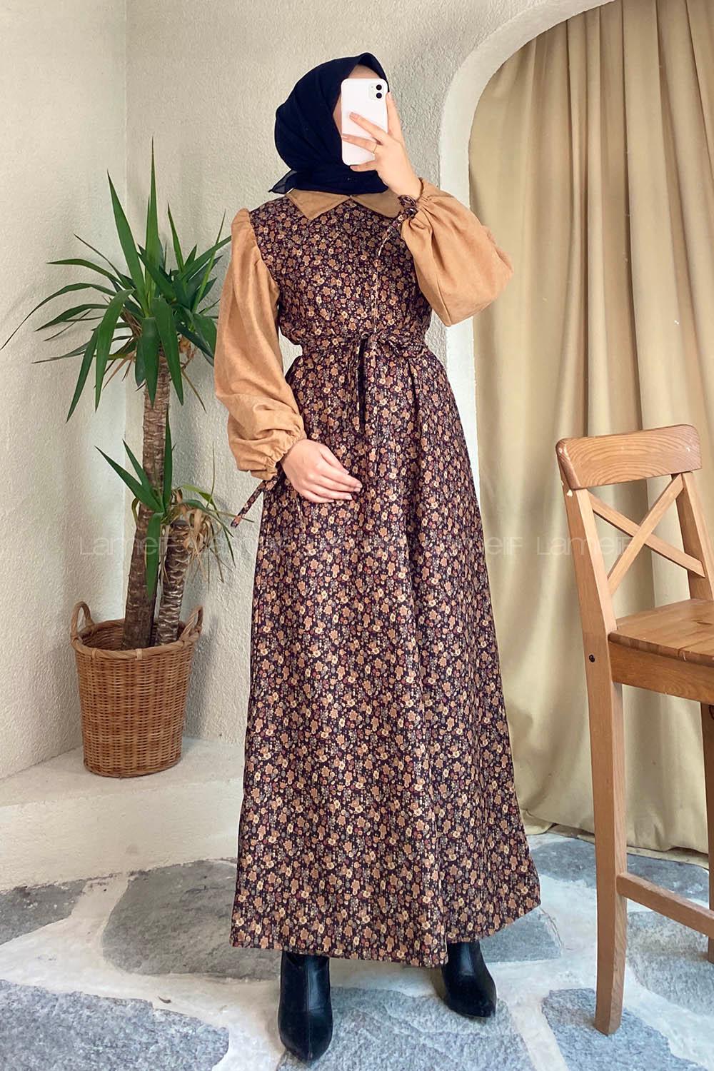 Modalamelif Kol Ve Yaka Garnili Minimal Çiçek Desenli Süet Elbise Siyah