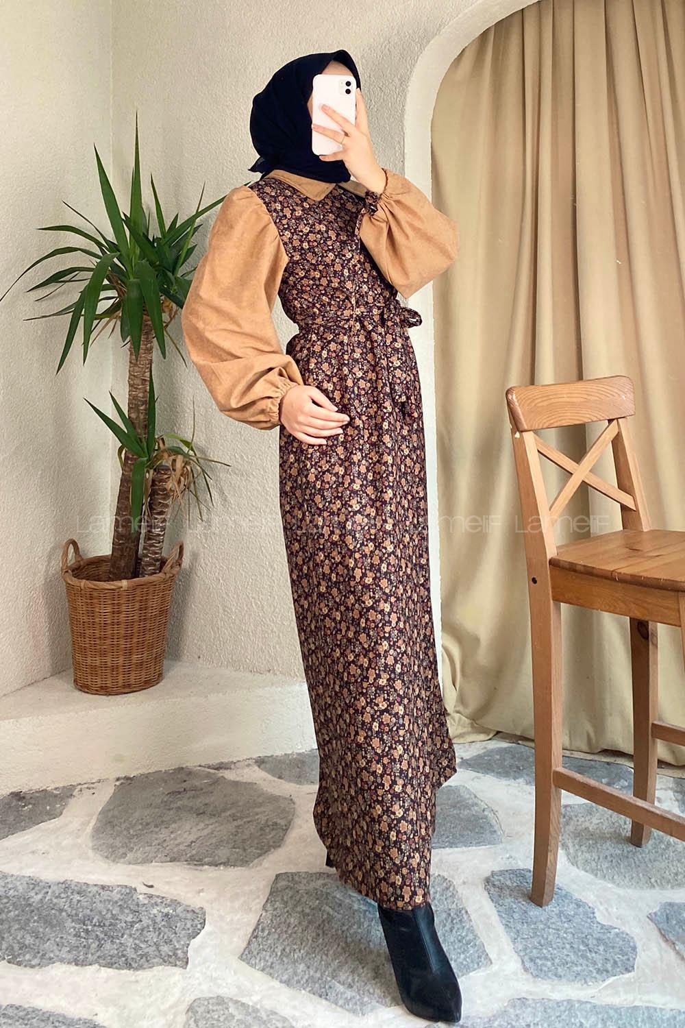 Modalamelif Kol Ve Yaka Garnili Minimal Çiçek Desenli Süet Elbise Siyah