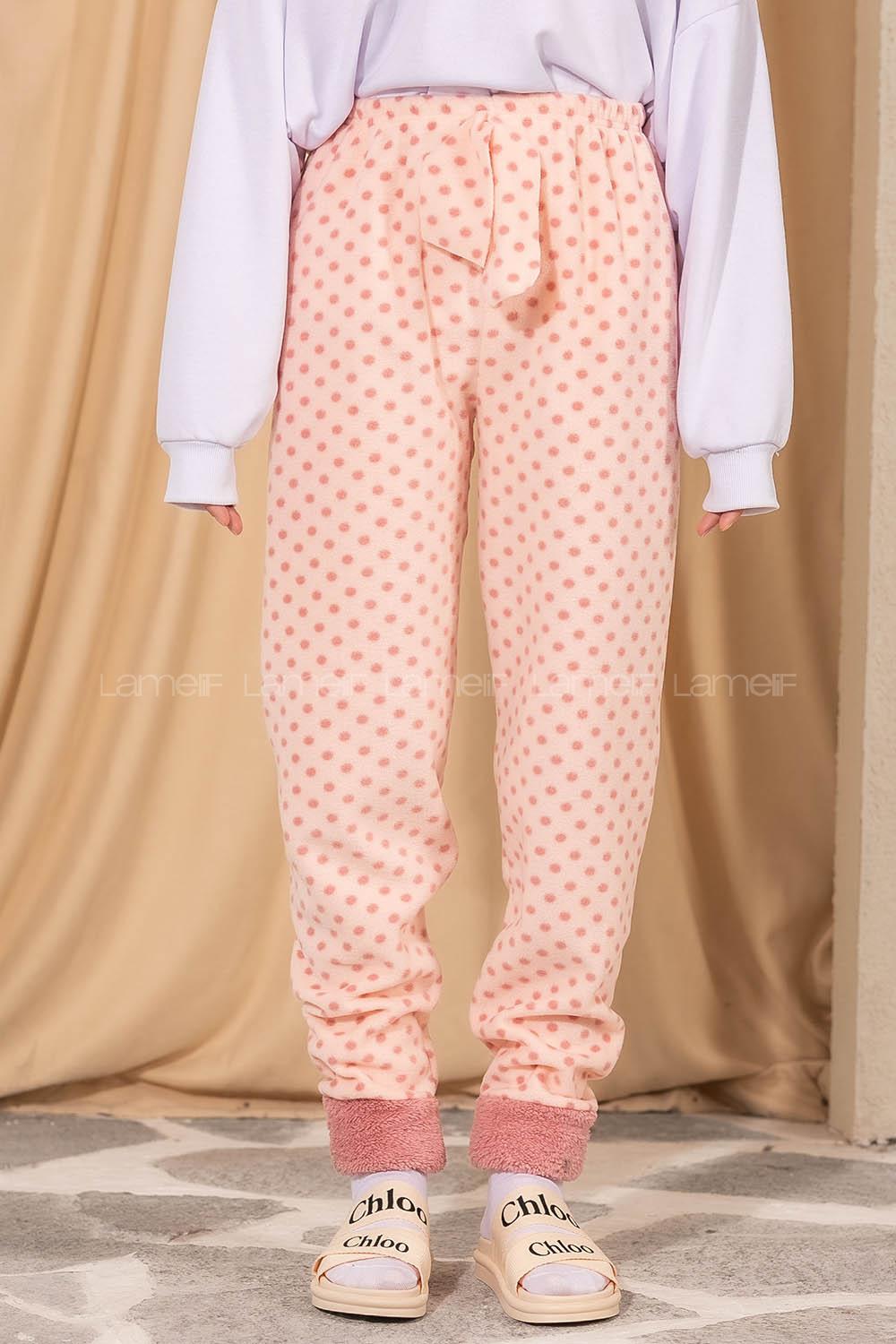 Modalamelif Puantiyeli Paçası Yumoş Detaylı Pijama Pembe