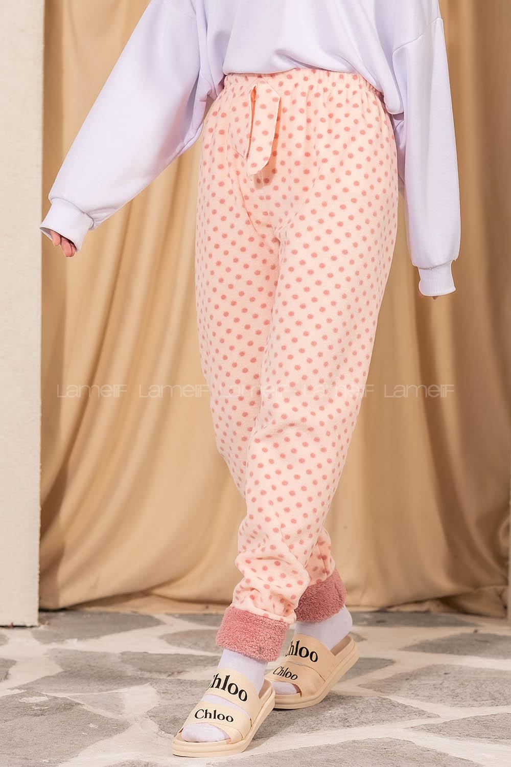 Modalamelif Puantiyeli Paçası Yumoş Detaylı Pijama Pembe