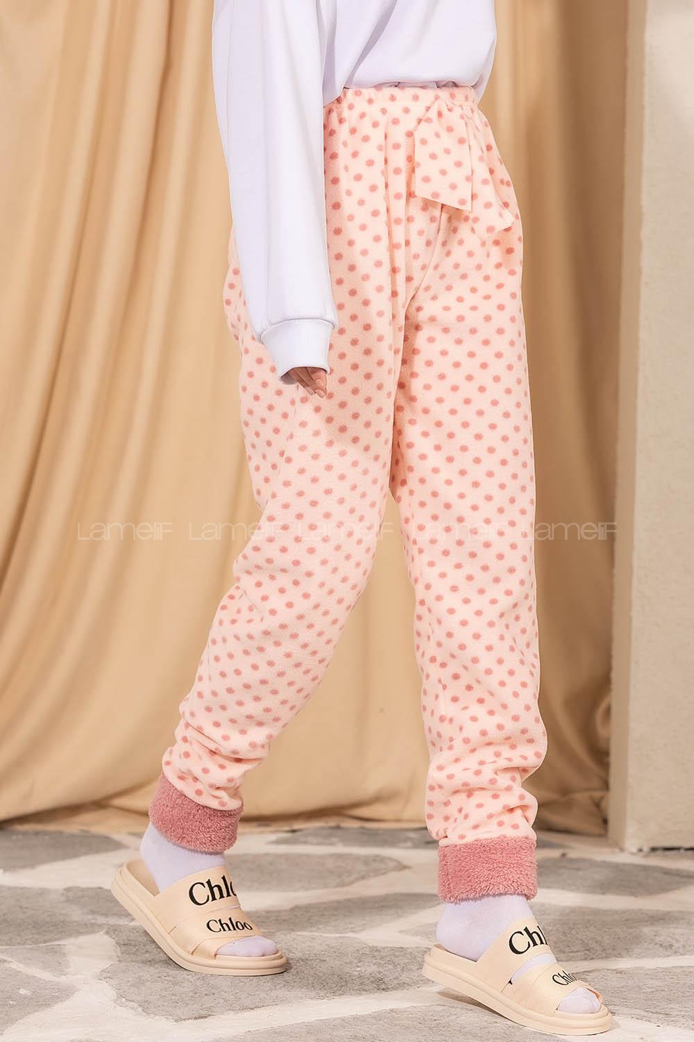 Modalamelif Puantiyeli Paçası Yumoş Detaylı Pijama Pembe