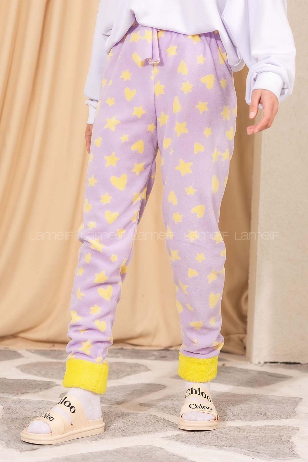 Modalamelif Yıldız ve Kalp Desenli Paçası Yumoş Detaylı Pijama Lila