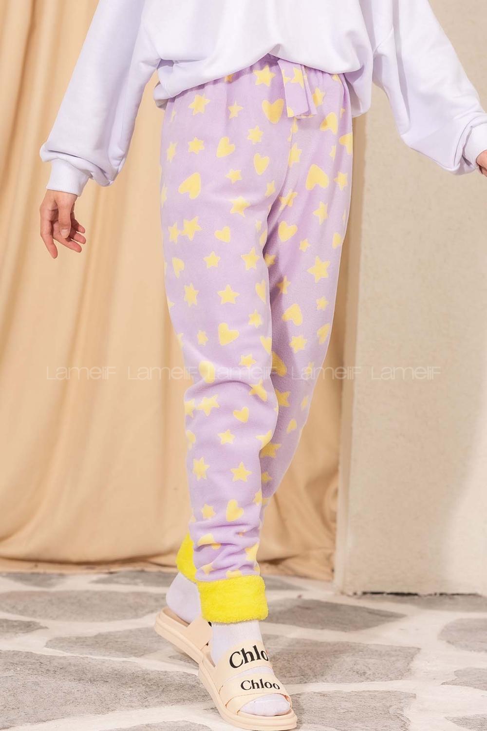 Modalamelif Yıldız ve Kalp Desenli Paçası Yumoş Detaylı Pijama Lila