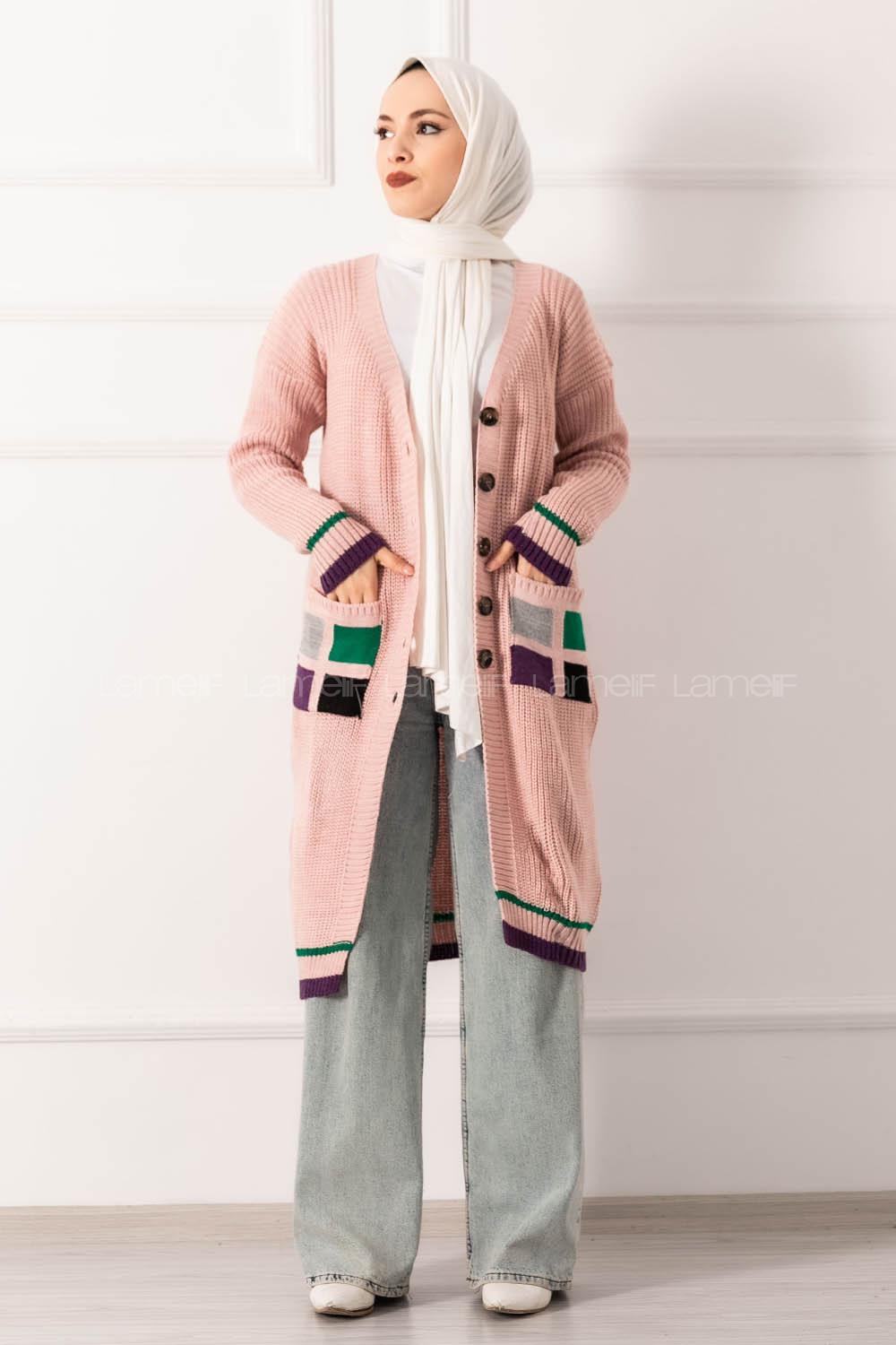 Modalamelif Cep Renk Garnili Düğme Detaylı Triko Hırka Pudra