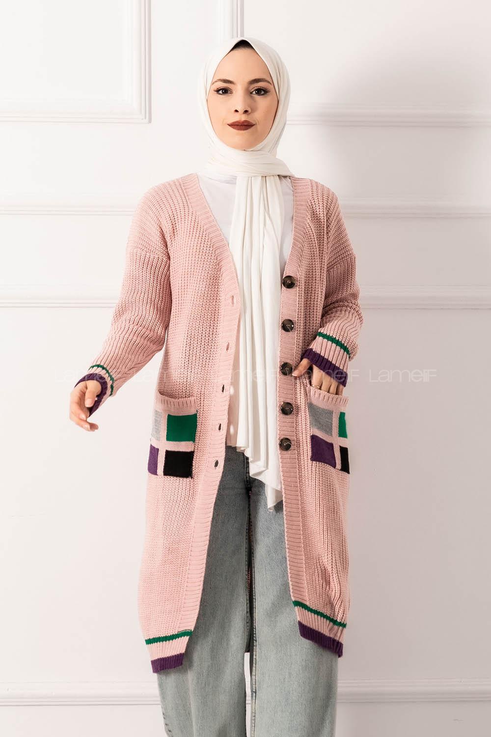 Modalamelif Cep Renk Garnili Düğme Detaylı Triko Hırka Pudra