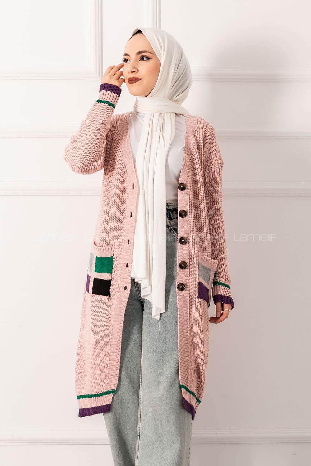 Modalamelif Cep Renk Garnili Düğme Detaylı Triko Hırka Pudra