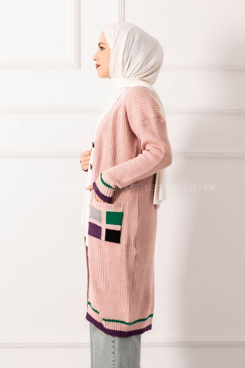 Modalamelif Cep Renk Garnili Düğme Detaylı Triko Hırka Pudra