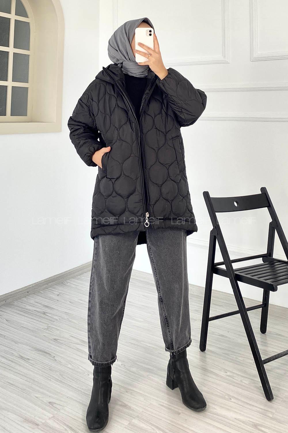 Modalamelif Kapitone Model Kapüşonlu Şişme Mont Siyah