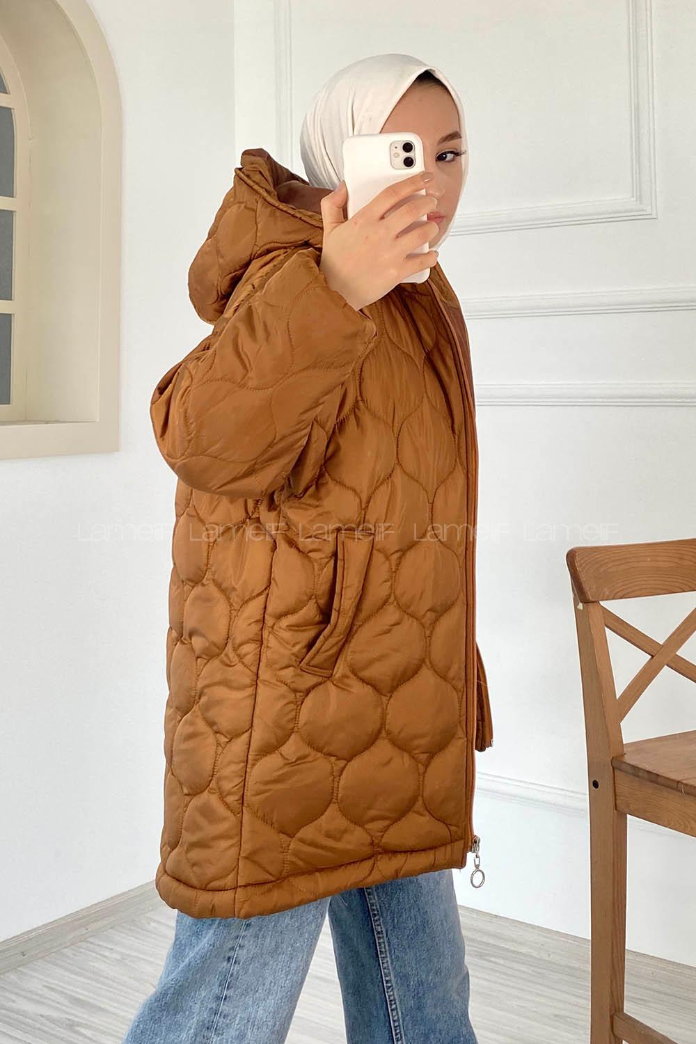 Modalamelif Kapitone Model Kapüşonlu Şişme Mont Taba