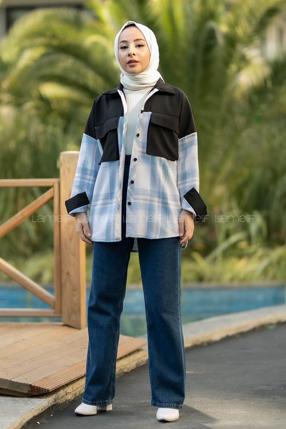 Modalamelif Çift Kapak Cepli Renk Garnili Oduncu Gömlek Mavi-Siyah