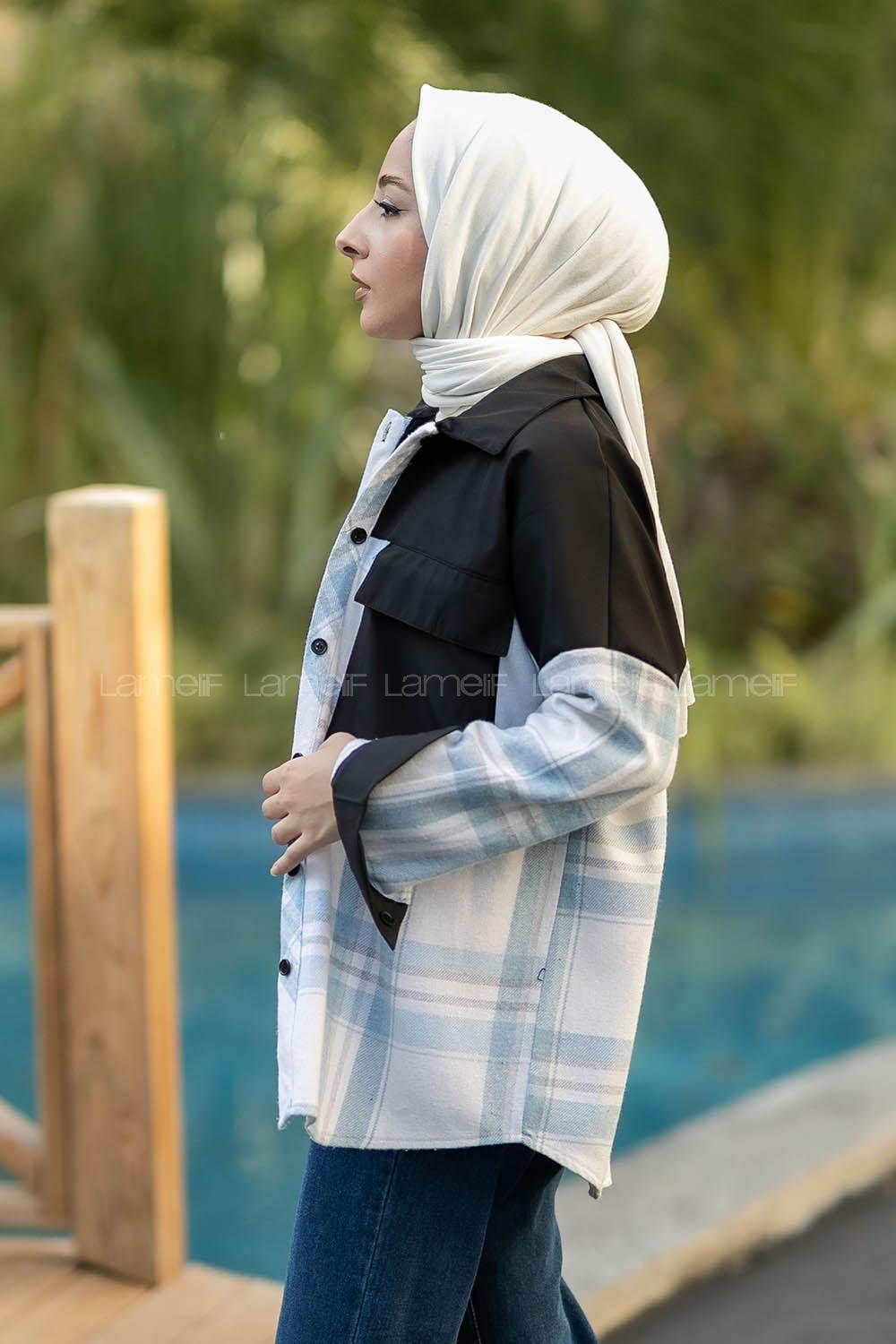 Modalamelif Çift Kapak Cepli Renk Garnili Oduncu Gömlek Mavi-Siyah