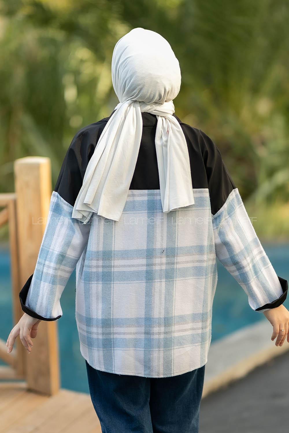 Modalamelif Çift Kapak Cepli Renk Garnili Oduncu Gömlek Mavi-Siyah