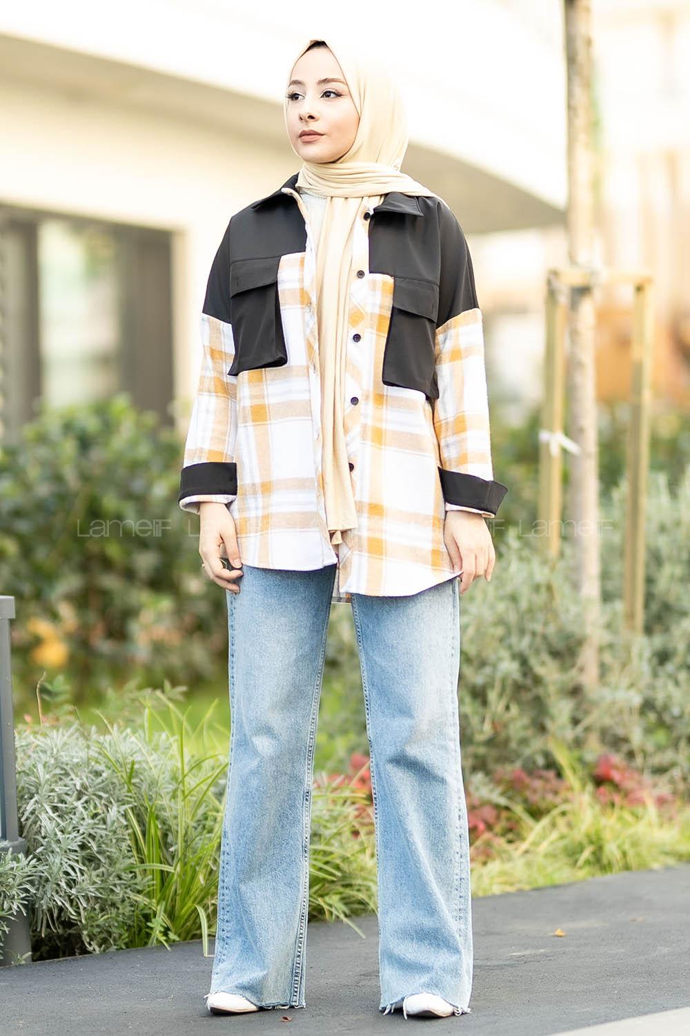 Modalamelif Çift Kapak Cepli Renk Garnili Oduncu Gömlek Siyah-Hardal