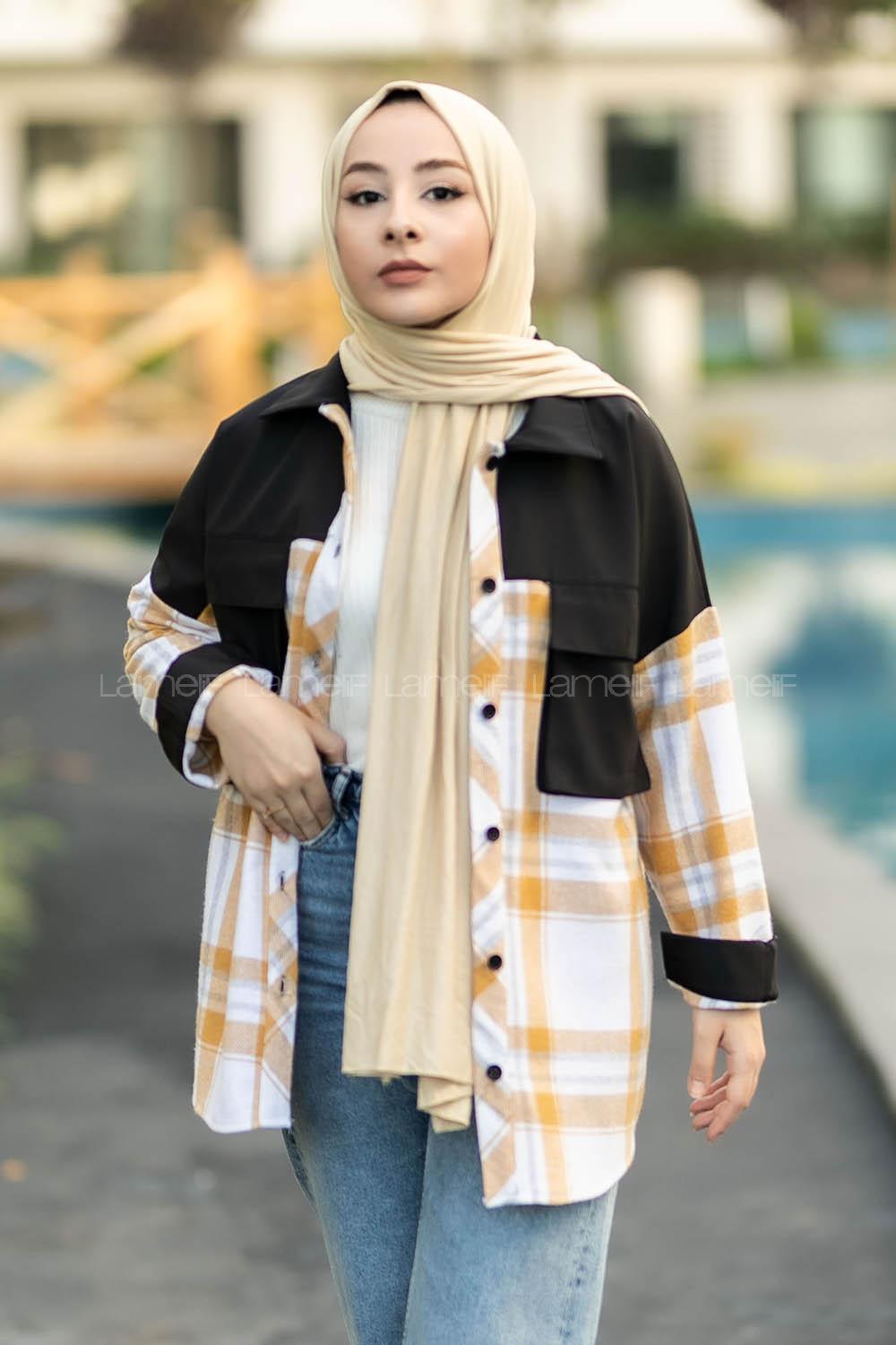 Modalamelif Çift Kapak Cepli Renk Garnili Oduncu Gömlek Siyah-Hardal