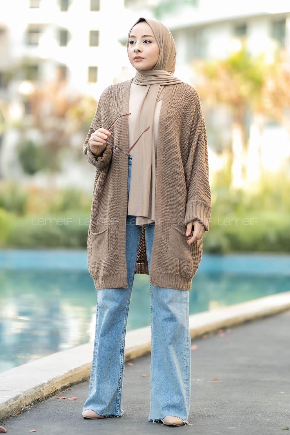 Modalamelif Duble Kol Çift Cepli Salaş Triko Hırka Kahve