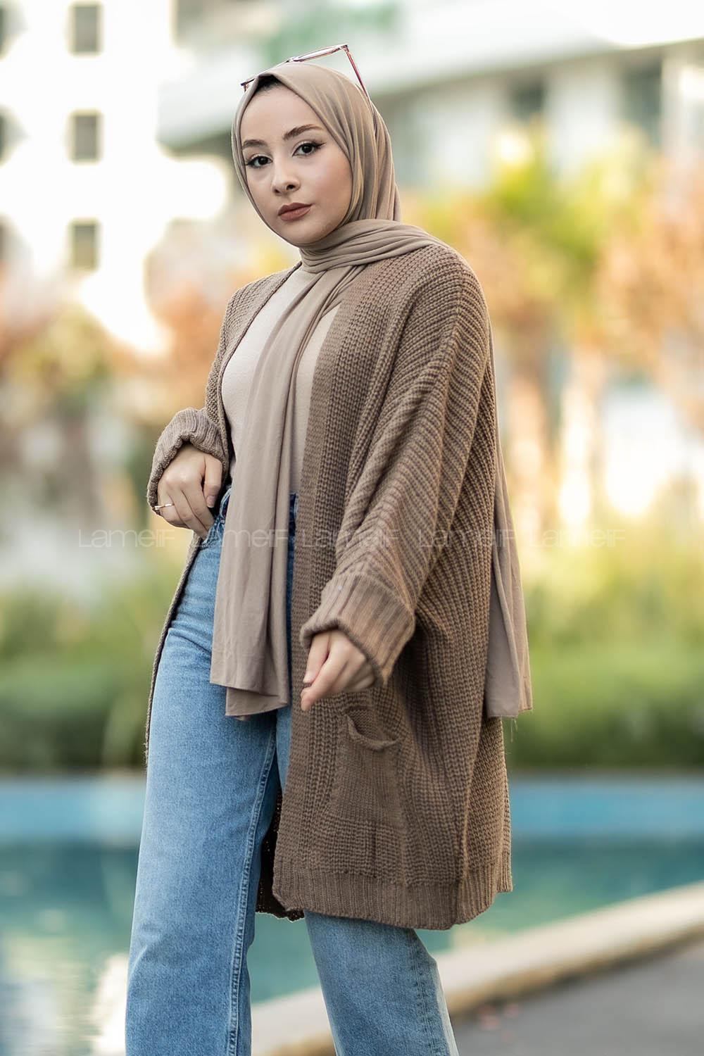 Modalamelif Duble Kol Çift Cepli Salaş Triko Hırka Kahve