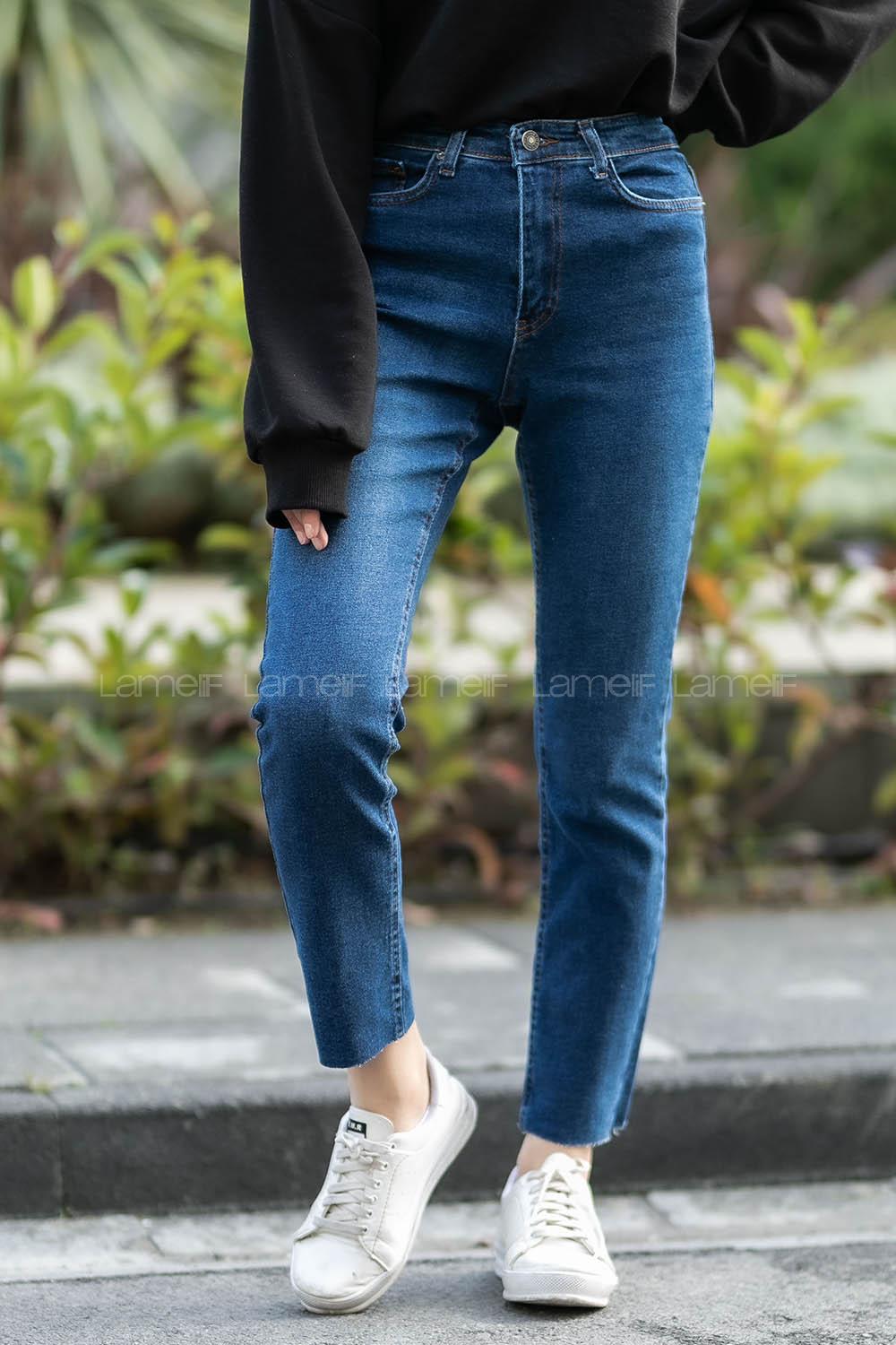 Modalamelif Paça Kesik Yüksek Bel Boyfit Mom Jean Koyu Mavi