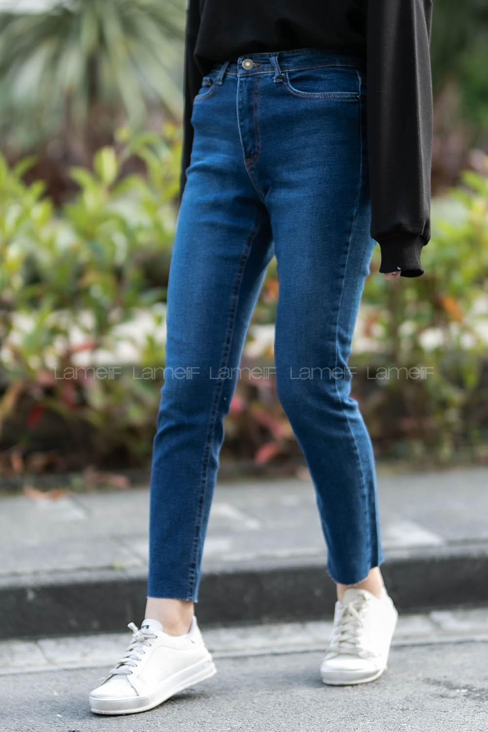 Modalamelif Paça Kesik Yüksek Bel Boyfit Mom Jean Koyu Mavi