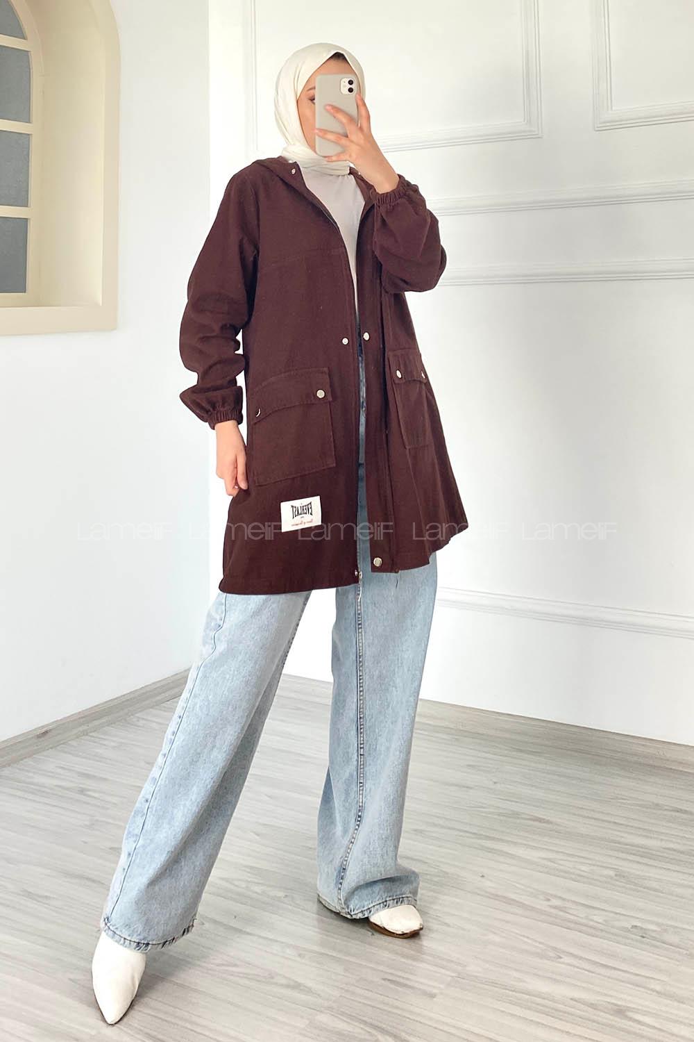 Modalamelif Çift Kapak Cepli Kapüşonlu Gabardin Ceket Acıkahve