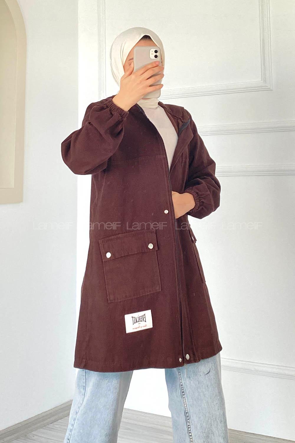 Modalamelif Çift Kapak Cepli Kapüşonlu Gabardin Ceket Acıkahve