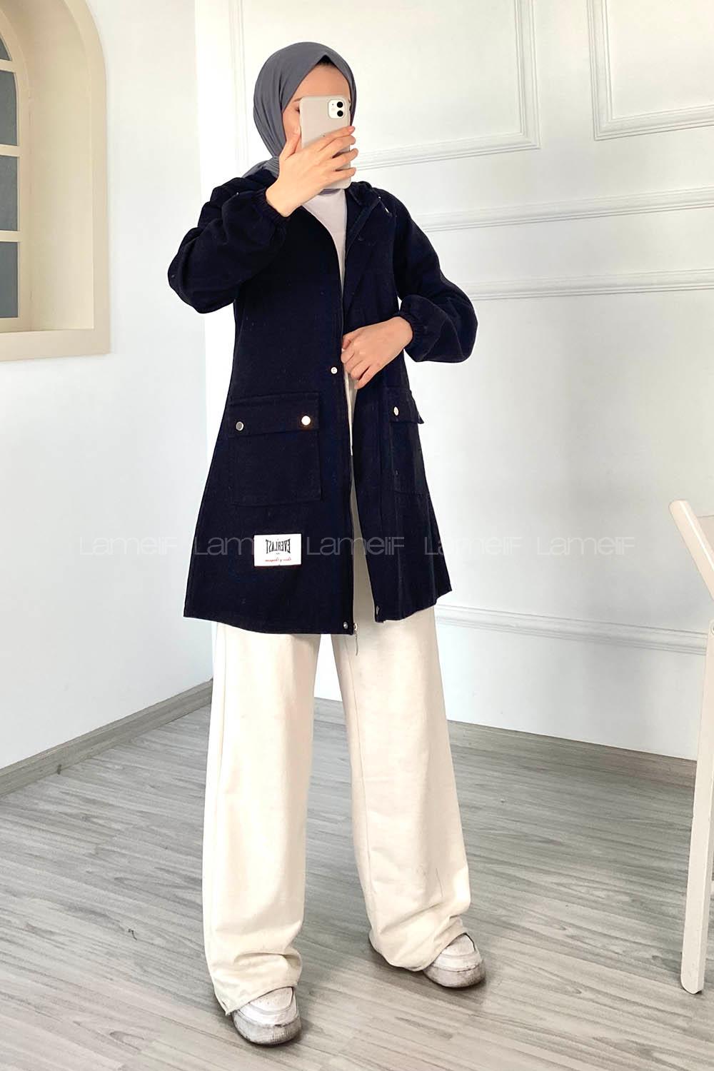 Modalamelif Çift Kapak Cepli Kapüşonlu Gabardin Ceket Siyah