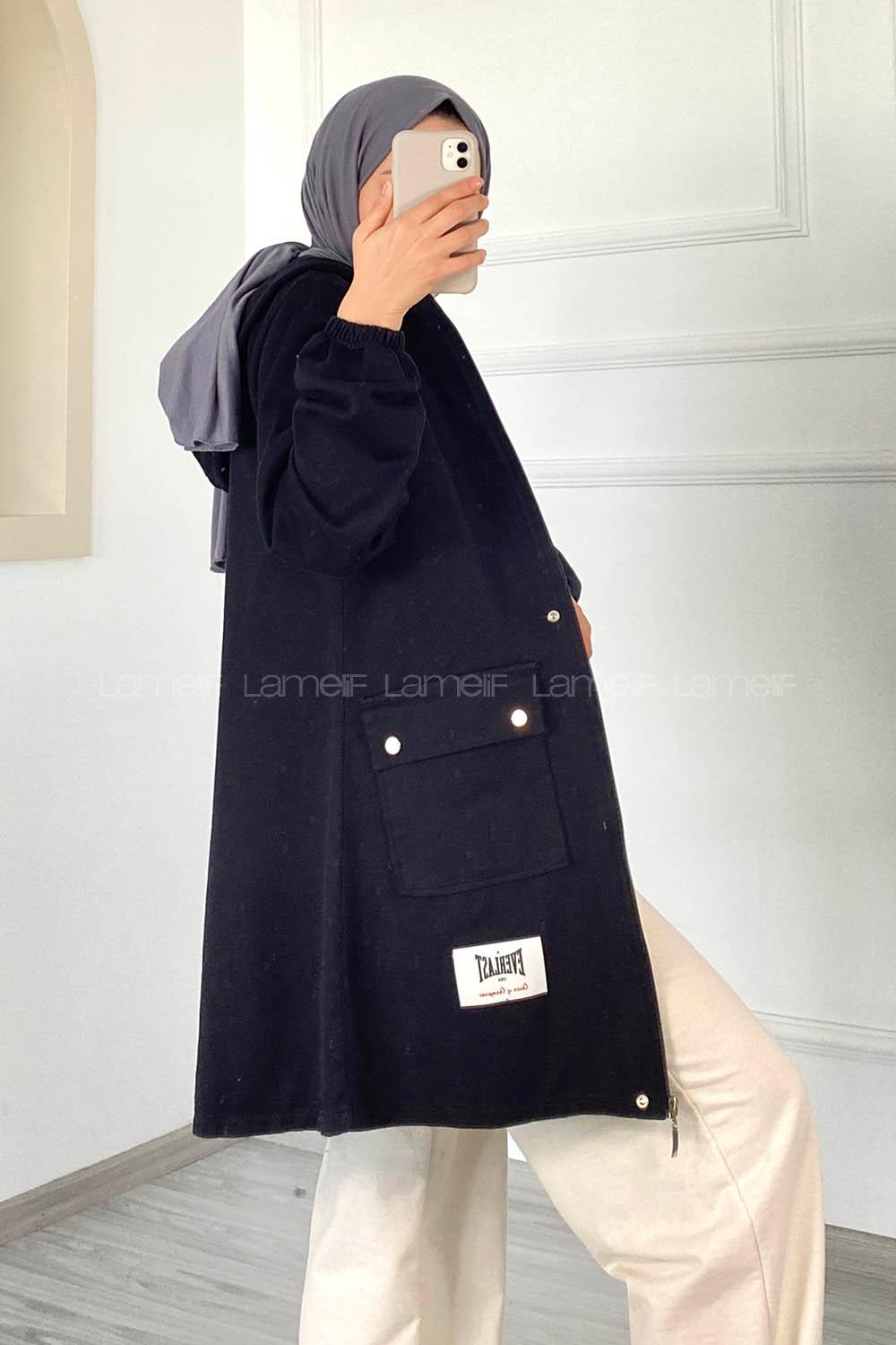 Modalamelif Çift Kapak Cepli Kapüşonlu Gabardin Ceket Siyah