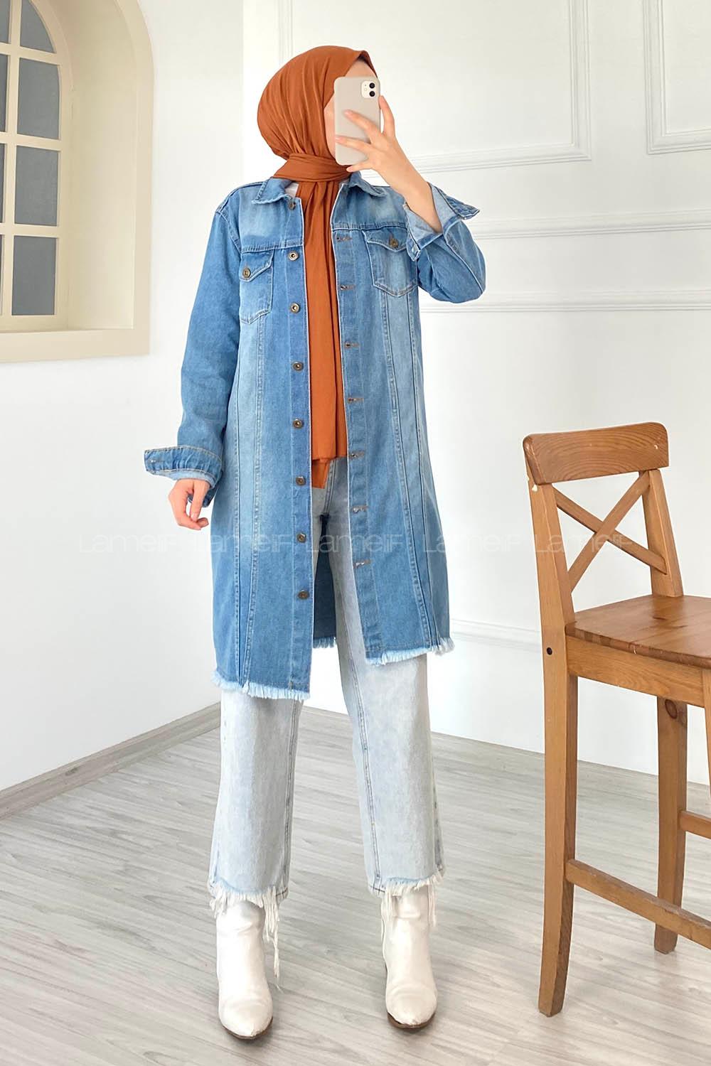 Modalamelif Eskitme Püskül Detaylı Boyfriend Uzun Ceket Kot Mavisi