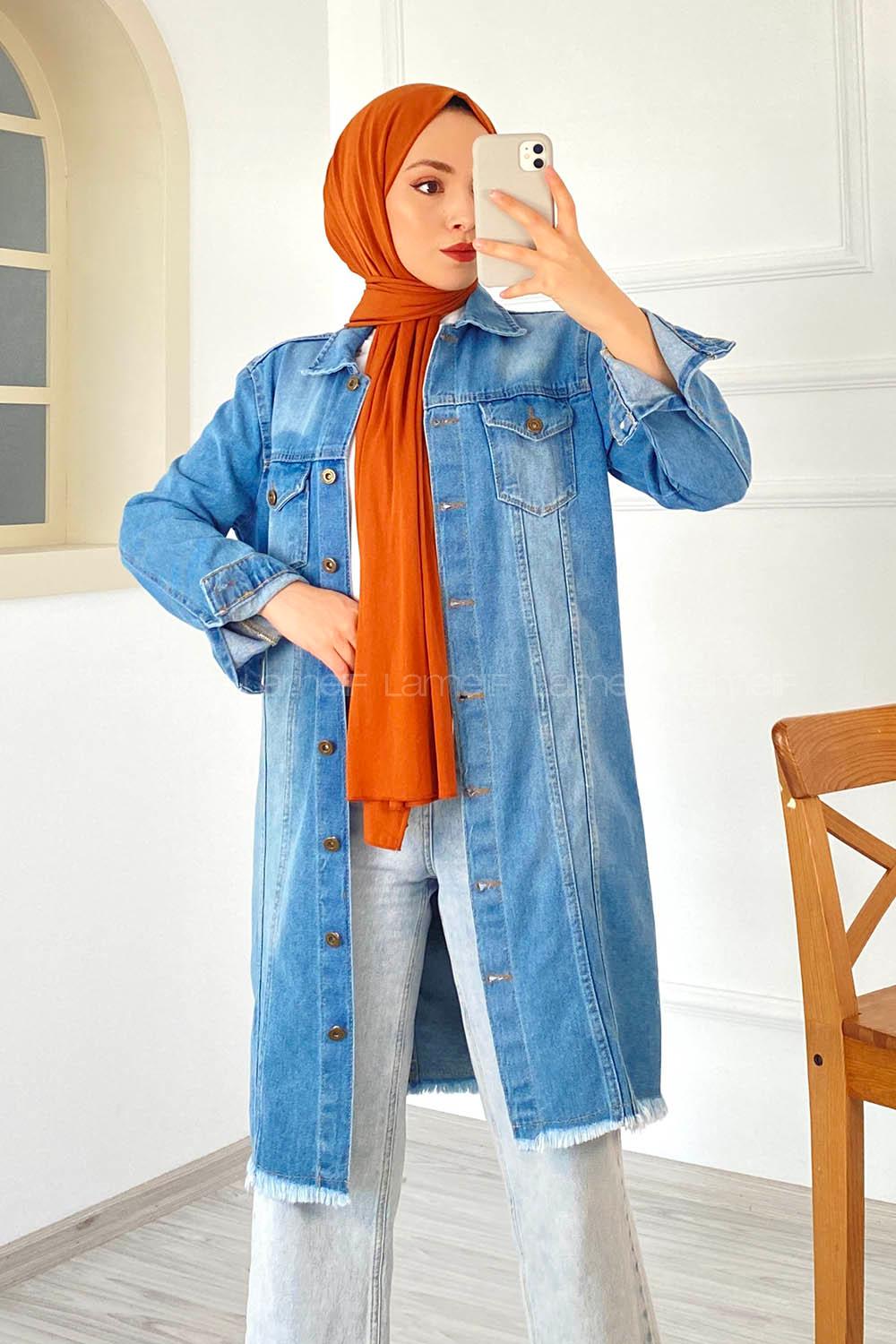 Modalamelif Eskitme Püskül Detaylı Boyfriend Uzun Ceket Kot Mavisi