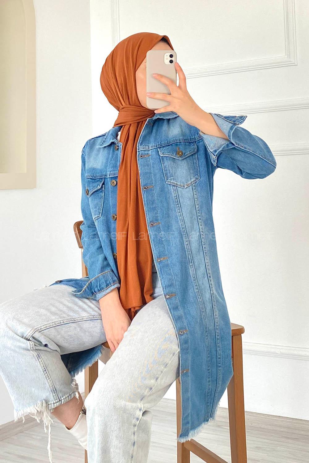 Modalamelif Eskitme Püskül Detaylı Boyfriend Uzun Ceket Kot Mavisi