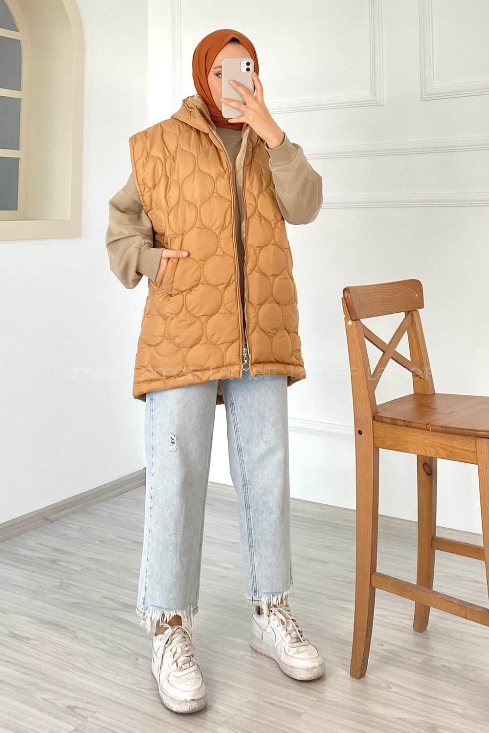 Modalamelif Kapitone Desenli Çift Cepli Kapüşonlu Şişme Yelek Camel