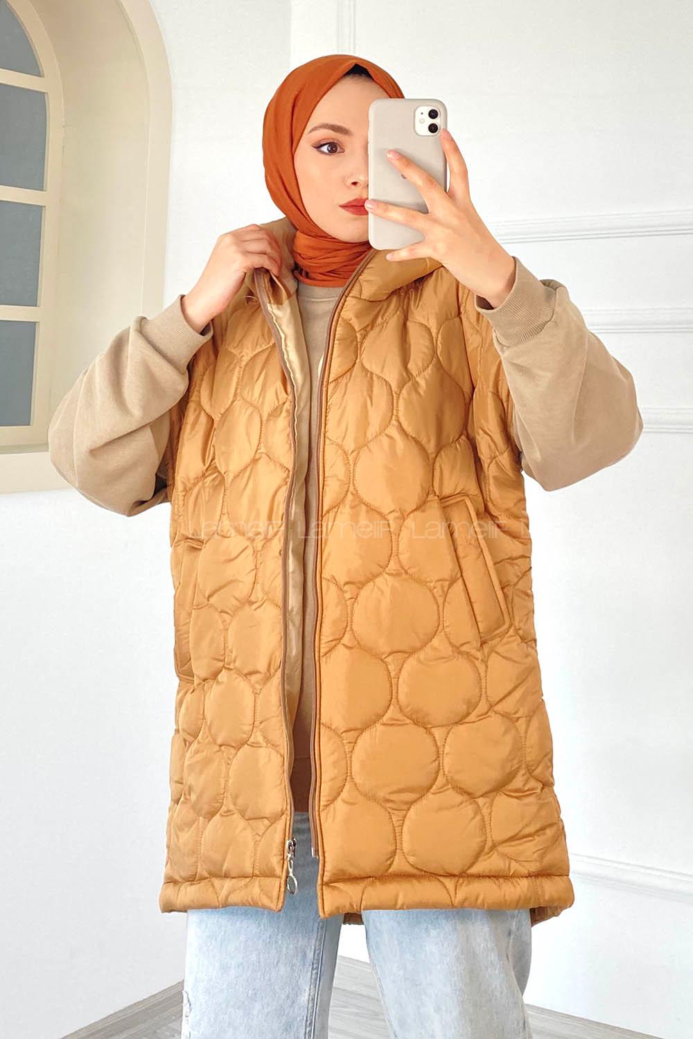 Modalamelif Kapitone Desenli Çift Cepli Kapüşonlu Şişme Yelek Camel