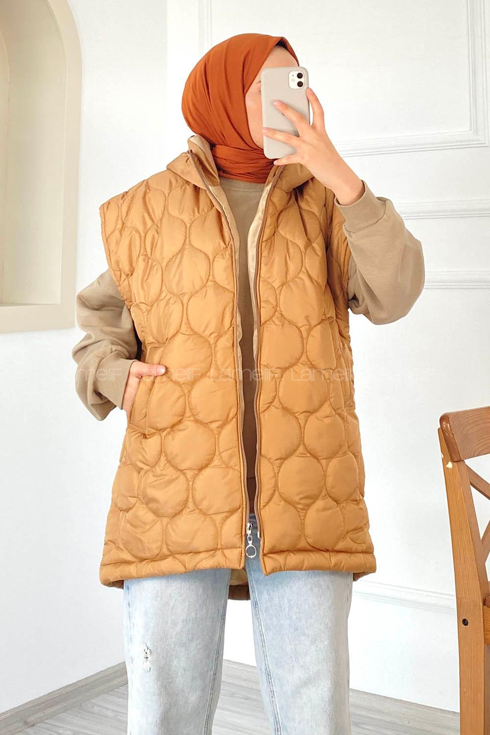 Modalamelif Kapitone Desenli Çift Cepli Kapüşonlu Şişme Yelek Camel