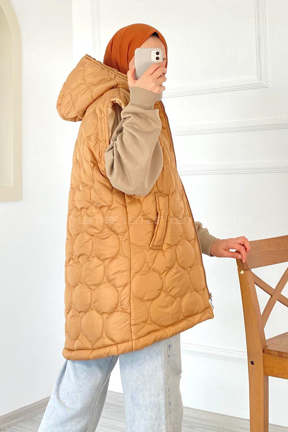 Modalamelif Kapitone Desenli Çift Cepli Kapüşonlu Şişme Yelek Camel