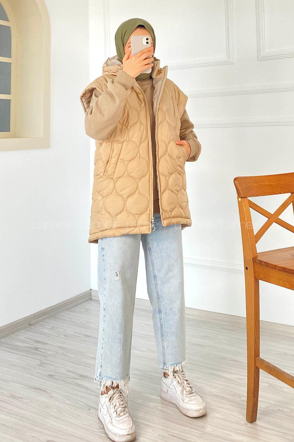 Modalamelif Kapitone Desenli Çift Cepli Kapüşonlu Şişme Yelek Taş