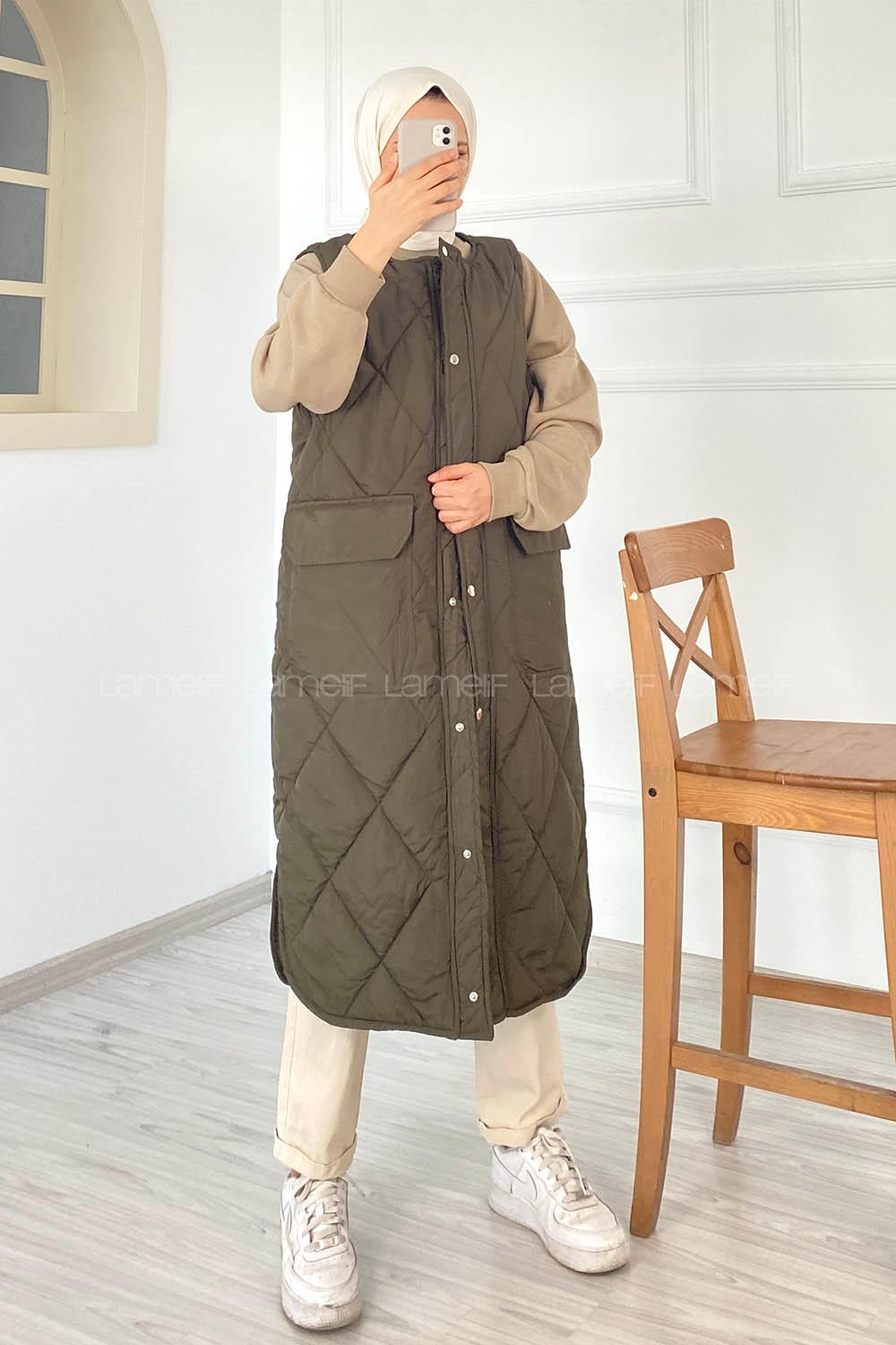 Modalamelif Kapitone Desenli Çift Kapak Cepli Şişme Yelek Haki