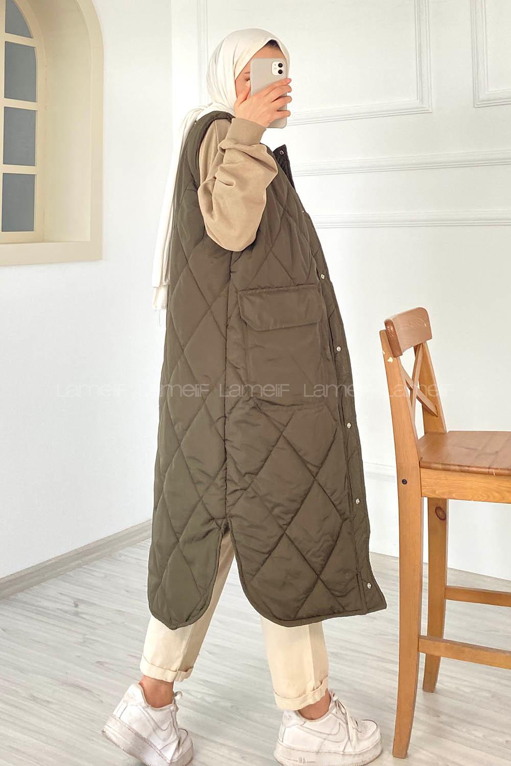 Modalamelif Kapitone Desenli Çift Kapak Cepli Şişme Yelek Haki