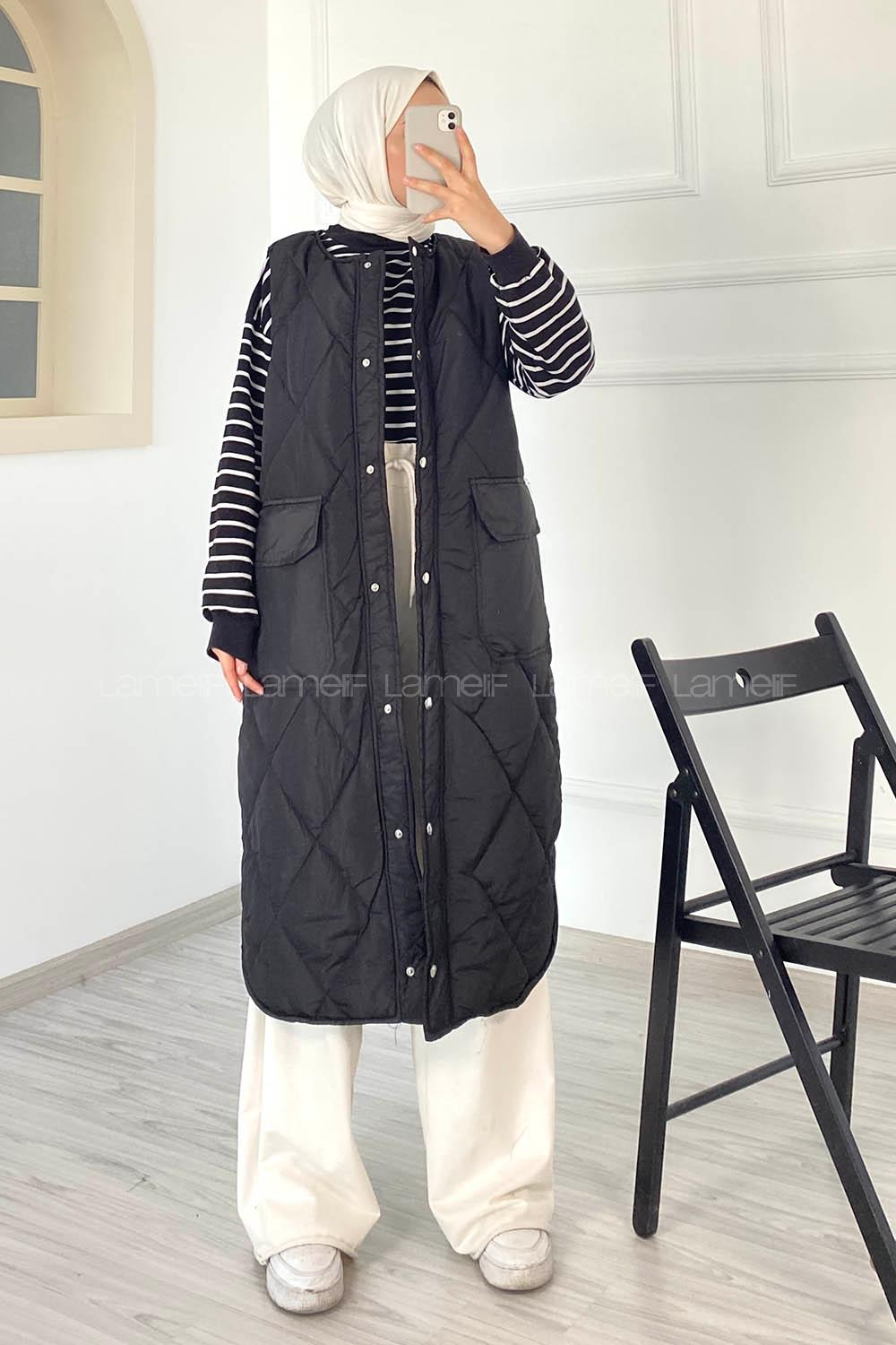 Modalamelif Kapitone Desenli Çift Kapak Cepli Şişme Yelek Siyah