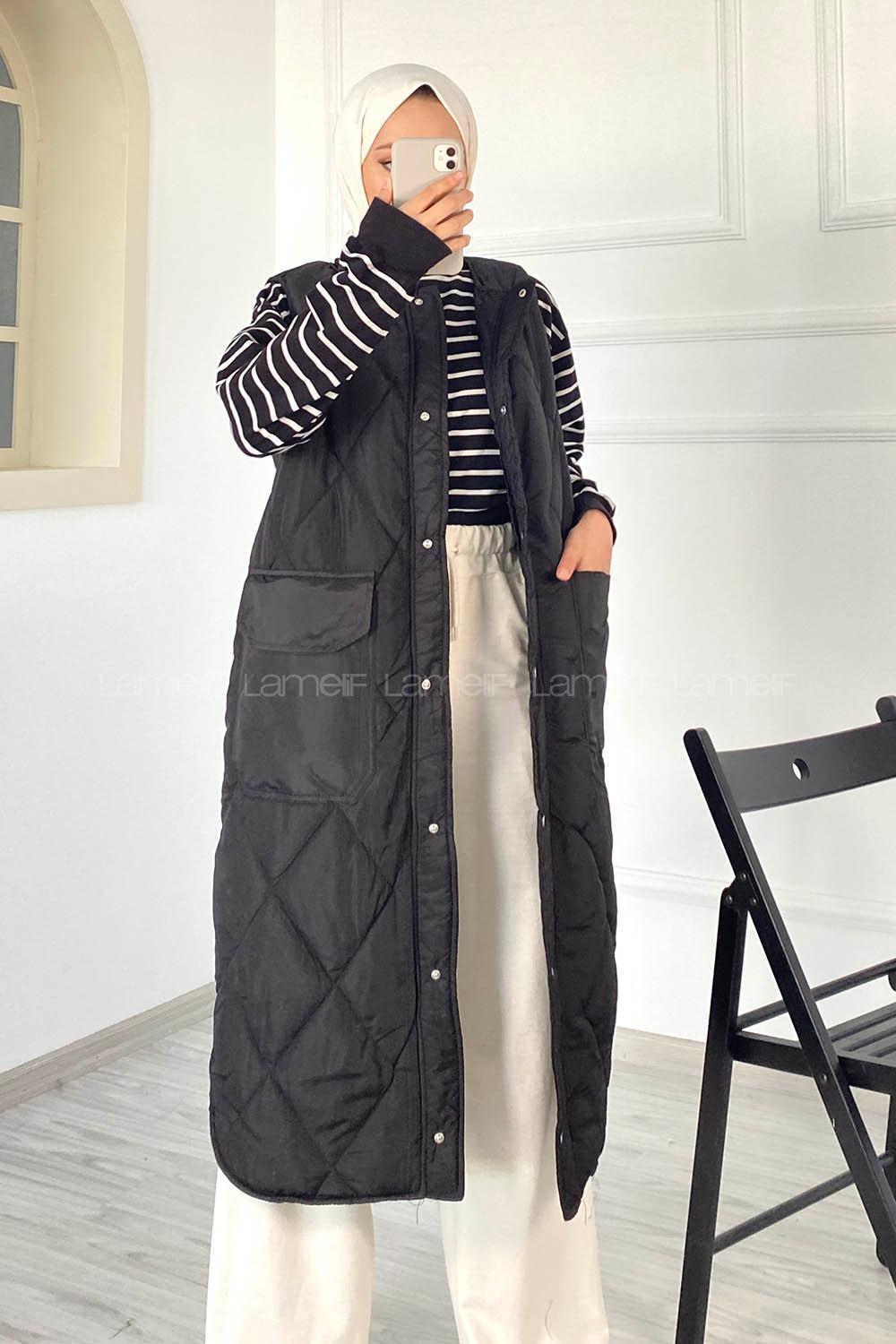 Modalamelif Kapitone Desenli Çift Kapak Cepli Şişme Yelek Siyah