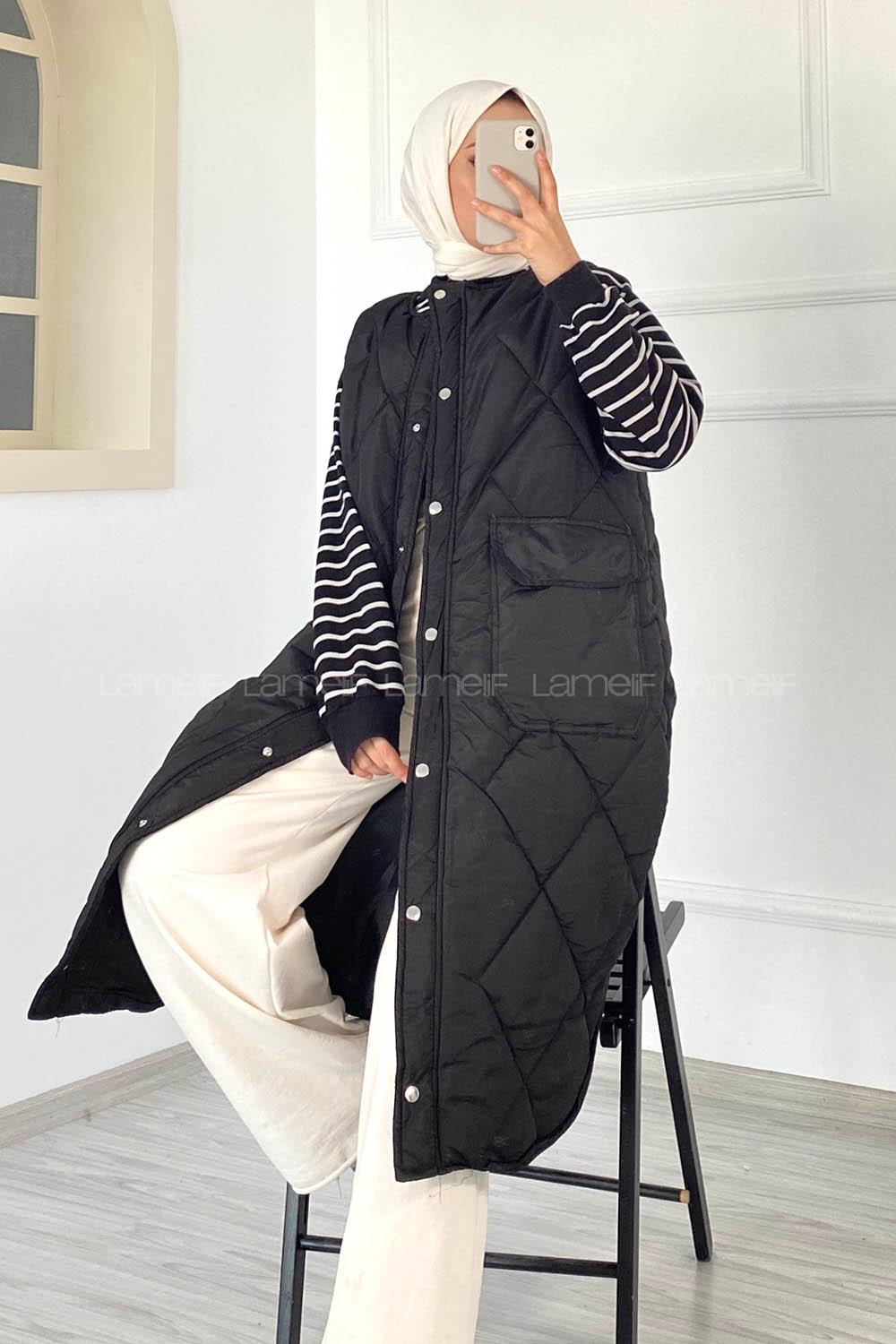 Modalamelif Kapitone Desenli Çift Kapak Cepli Şişme Yelek Siyah