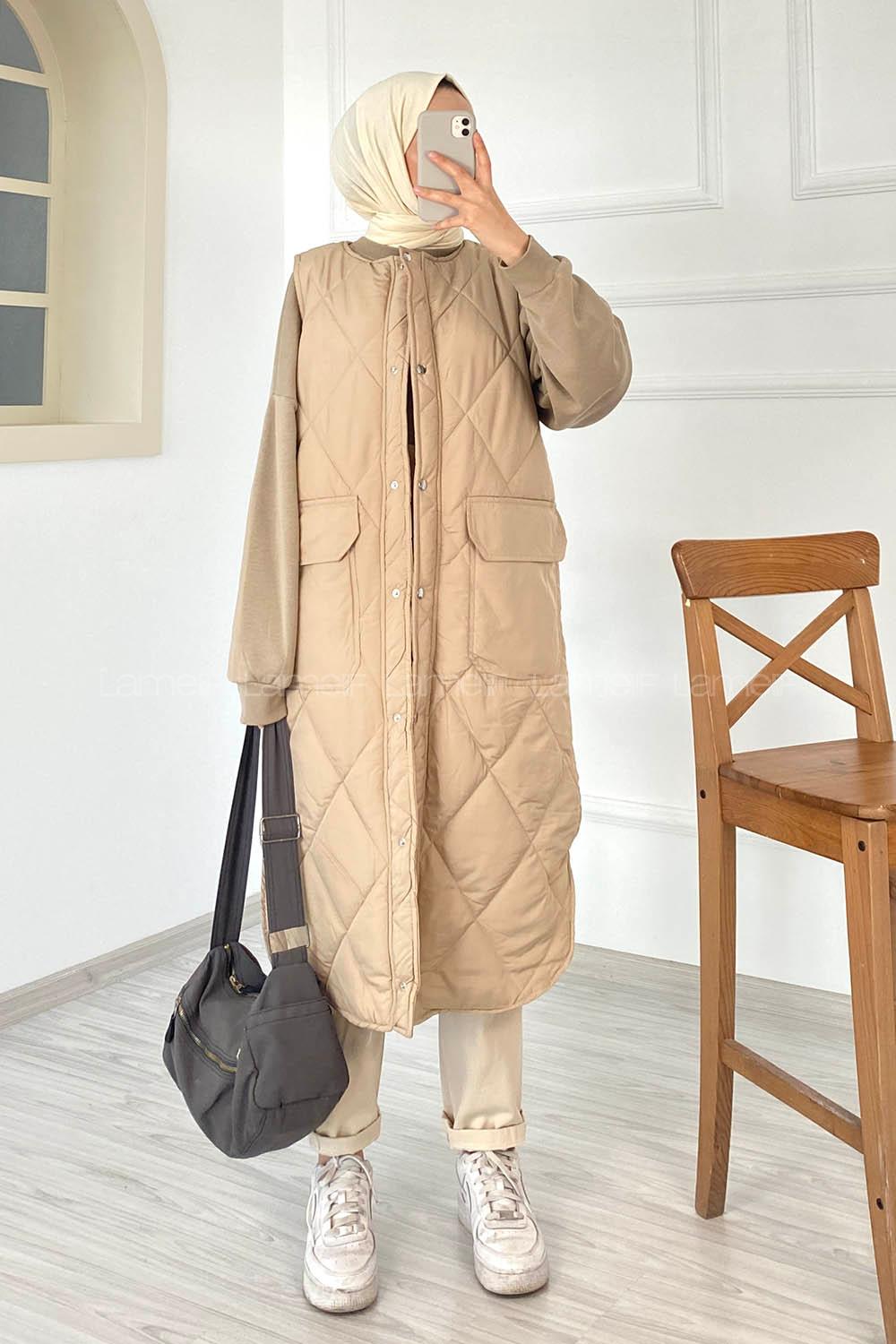 Modalamelif Kapitone Desenli Çift Kapak Cepli Şişme Yelek Taşrengi