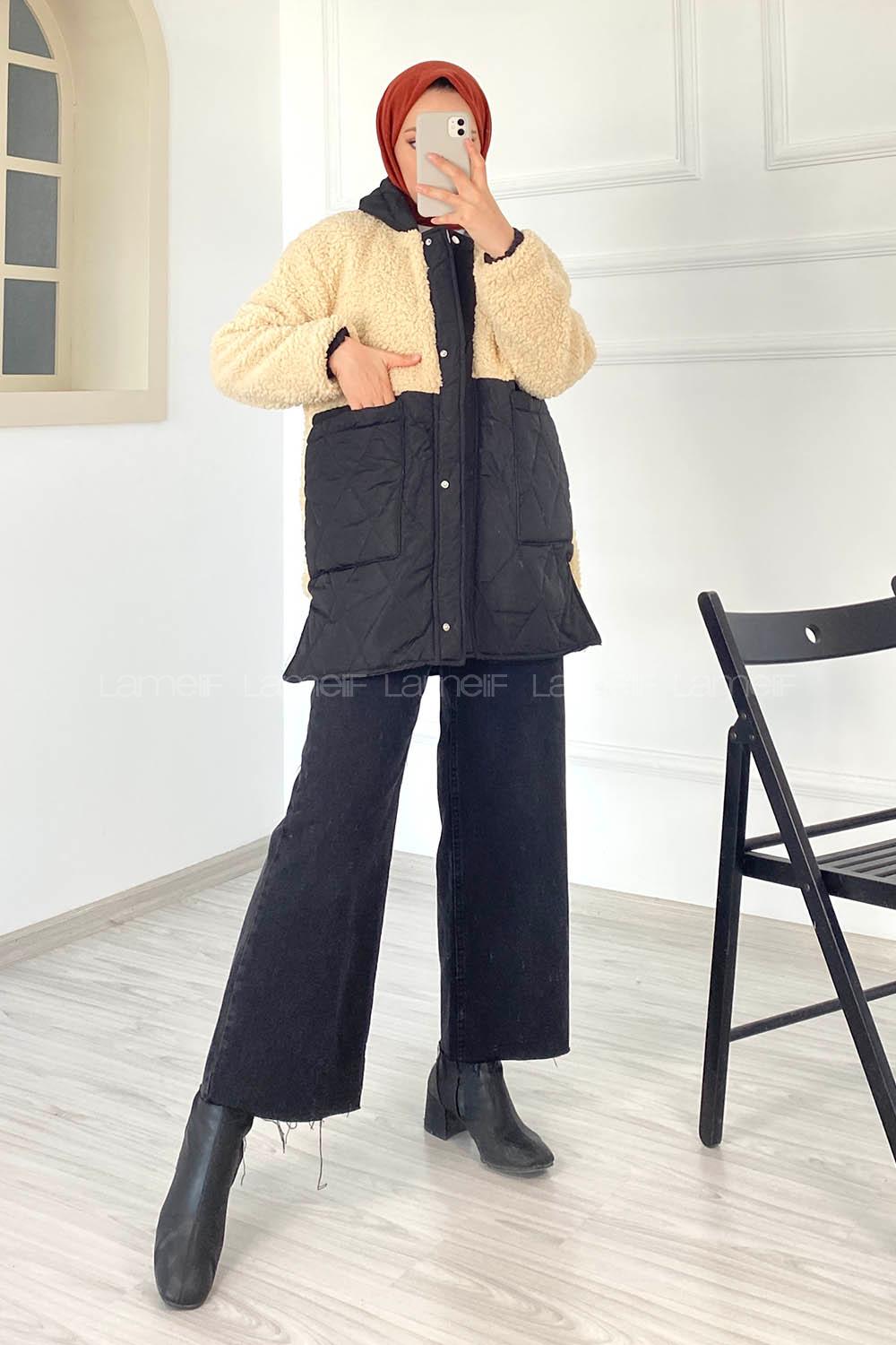 Lamelif Kapitone Garnili Model Kapüşonlu Peluş Mont Krem