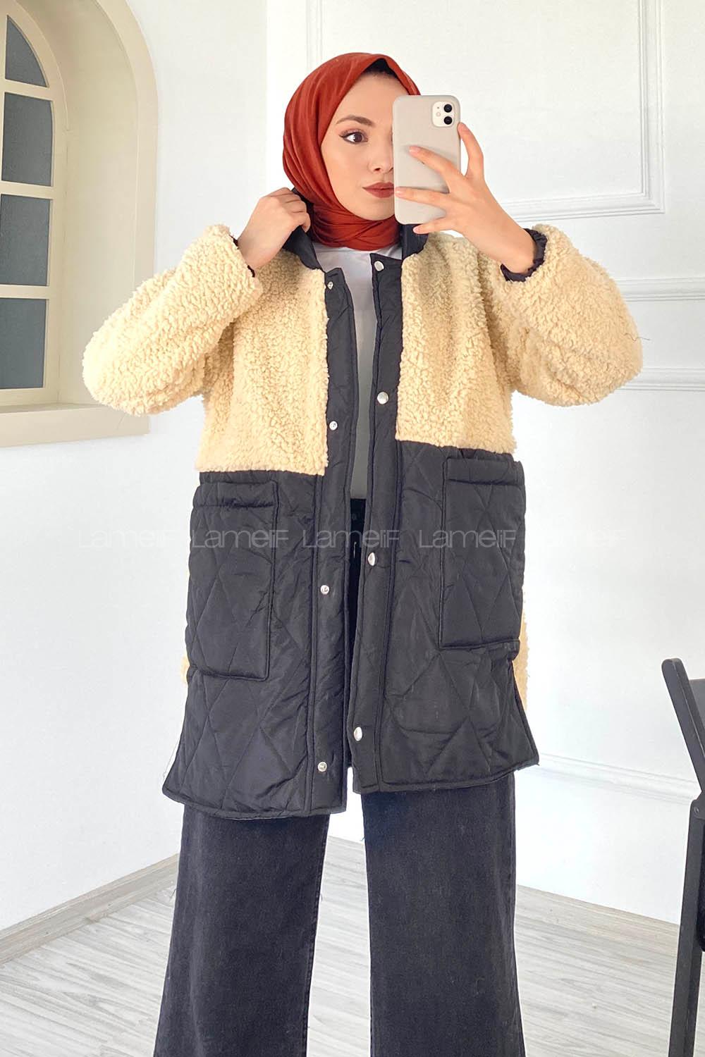 Lamelif Kapitone Garnili Model Kapüşonlu Peluş Mont Krem