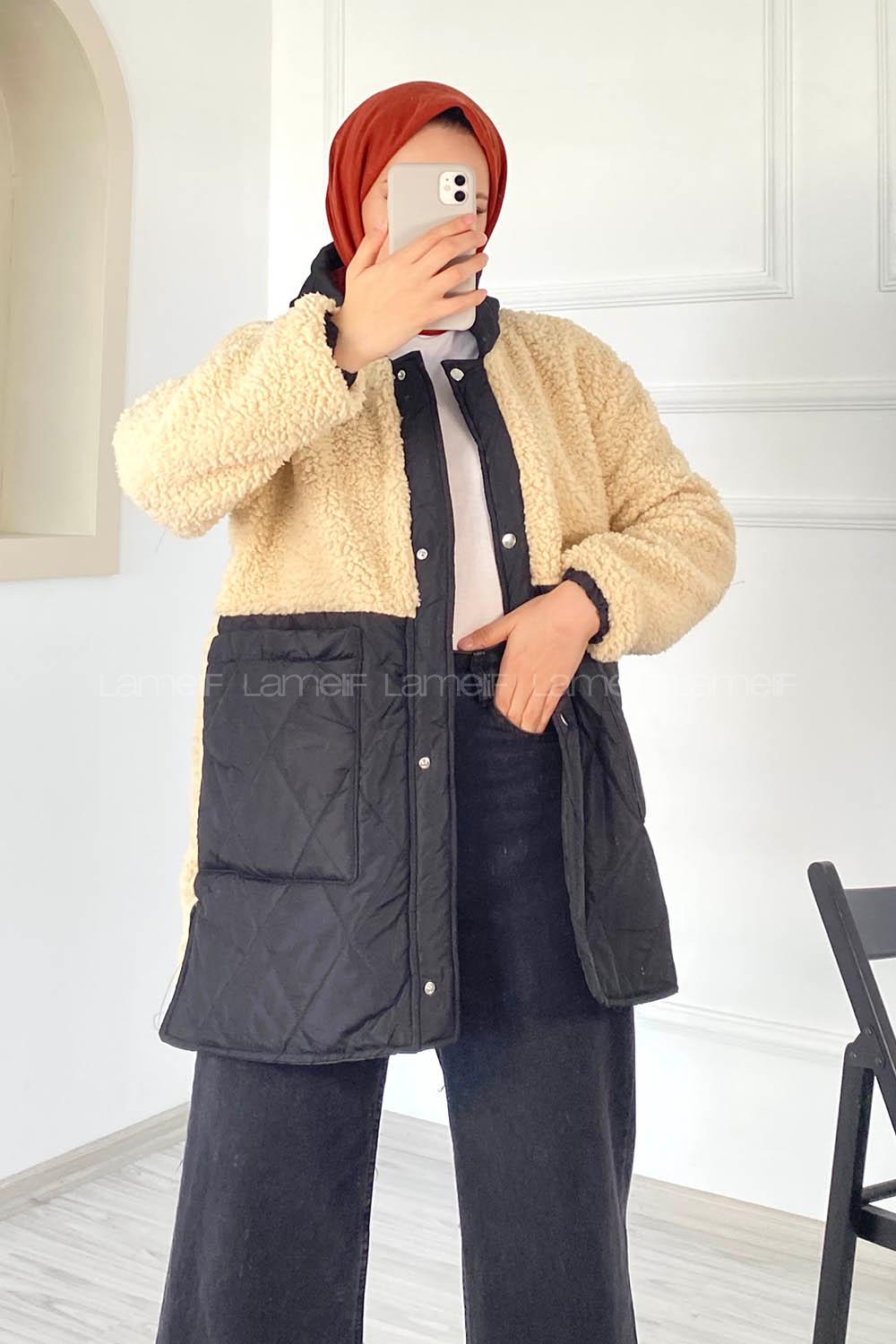 Lamelif Kapitone Garnili Model Kapüşonlu Peluş Mont Krem